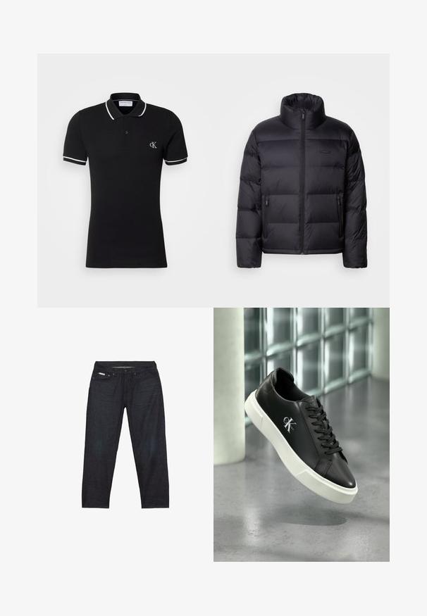Calvin Klein PUFFER - Daunenjacke - black; Schwarzes Poloshirt mit kurzen Ärmeln, weißer Paspelierung am Kragen und an den Ärmeln, Zwei-Knopf-Leiste und kleinem weißen "cK"-Logo auf der linken Brust.; Dunkelblaue Jeans aus Denim mit geradem Bein, ausgestattet mit fünf Taschen und minimalen Nahtdetails für ein sauberes Aussehen.; Schwarzer Ledersneaker mit weißer Gummisohle und "CK Calvin Klein"-Logo an der Seite, vor einem Hintergrund aus glasierten Fliesen präsentiert.