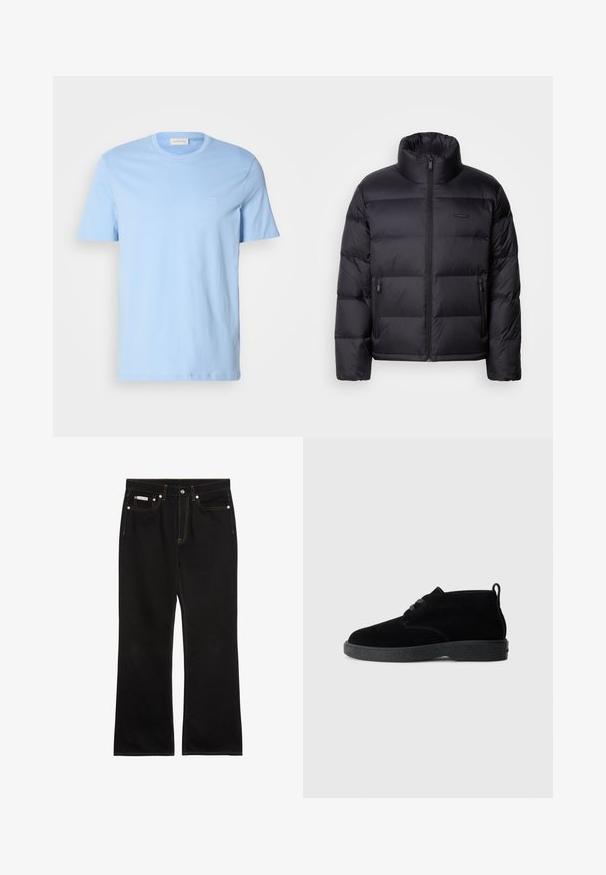 Calvin Klein PUFFER - Sulejope - black; Helevali sinine puuvillane T-särk, ümmarguse kaelusega, lühikeste varrukatega ning vasakul rinnal on väike broderi logo. Sile tekstuur, mugav lõige.; Mustad sirgelõikelised teksad oranži õmblusega, viis taskut, nööpkinnitus ja väike Calvin Kleini silt ees paremal taskul.; Mustad nahast pahkluu saapad ümarate varvastega, paeltega disain, must kummitald ja seljaosas tõmblõng mugavaks selga panemiseks.