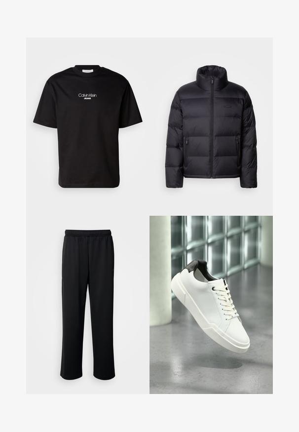 Calvin Klein PUFFER - Chaqueta de plumas - black; Camiseta de algodón negra con cuello redondo, mangas cortas y logotipo blanco "Calvin Klein JEANS" en el frente. Diseño simple y de corte recto.; Pantalones deportivos negros elaborados con una tela suave y transpirable. Cuentan con una cinturilla elástica y perneras rectas sin acentos o patrones prominentes.; Zapatilla blanca de perfil bajo con lengüeta del talón texturizada en negro, cordones blancos y suela gruesa sobre un suelo de cemento pulido cerca de bloques de vidrio.