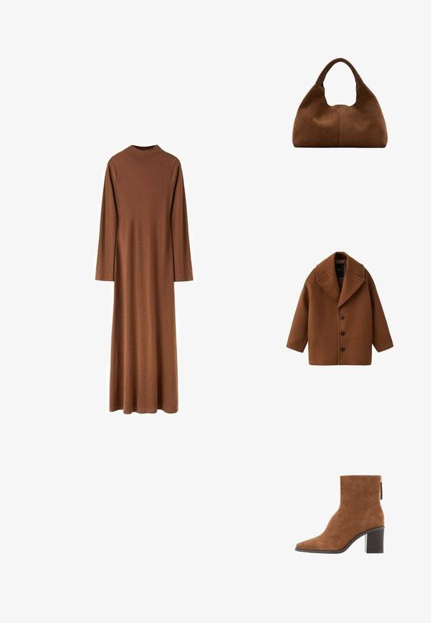 Brun uldfrakke med stor krave, lange ærmer og fem knapper foran. Har et rent, firkantet design og struktureret stof.; Langærmet, højhalset, brun kjole i ankellængde lavet af glat stof med en lige, løs pasform.; Brune ruskinds ankelstøvle med spids tå, blokhæl og lynlås bagpå.; Brun ruskind hobo-taske med et bredt, afrundet håndtag og en blød, slasket form mod en hvid baggrund.