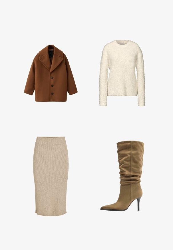 Brun uldfrakke med stor krave, lange ærmer og fem knapper foran. Har et rent, firkantet design og struktureret stof.; Cremefarvet fleece-sweater med lange ærmer og rund halsudskæring. Har et tekstureret, blødt udseende og en afslappet pasform.; Strik nederdel i en lys beige farve med lodret ribbestruktur, knælang med elastisk talje og lige skæring.; Tan ruskind midt på skaftet slouch-støvle med spids snude og tynd sort høj hæl.