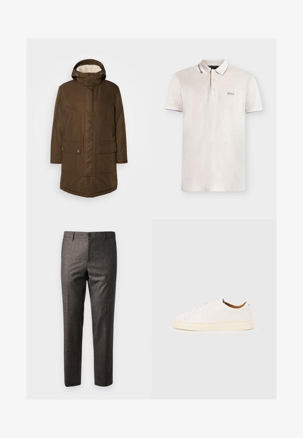 Parka marrón, aislante, con capucha, que cuenta con un suave forro interior, dos bolsillos frontales y un corte recto. Incluye toggles ajustables en el cuello.; Polo blanco de manga corta con tres botones y el logo "BOSS" en el pecho izquierdo.; Pantalones marrones de espiga con un corte ajustado, que presentan un cierre delantero de botón y bolsillos laterales, elaborados en una tela texturizada con un ligero brillo.; Zapatilla blanca de corte bajo con diseño de cordones, detalles mínimos de costuras y suela color crema sobre un fondo gris claro.