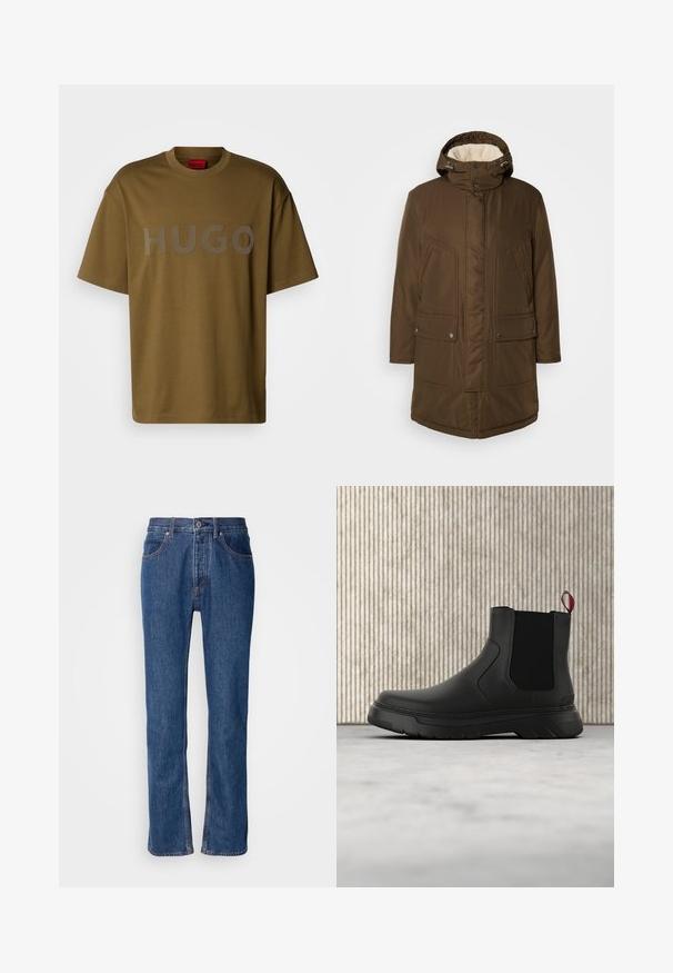 Brun, isoleret parka med hætte, der har et blødt indre foer, to frontlommer og en lige pasform. Justerbare nakketogler inkluderet.; Olivegrøn t-shirt i bomuld med rund hals og korte ærmer, med et stort gråt "HUGO" logo trykt på forsiden.; Blå denimjeans med lige snit, fem-lomme-design og lys syning. Har lynlås og knaplukning foran.; Sort ankelstøvle med en glat overflade, elastiske sidepaneler og en kontrasterende rød træksløjfe, der har en tyk gummisål og rund tå.