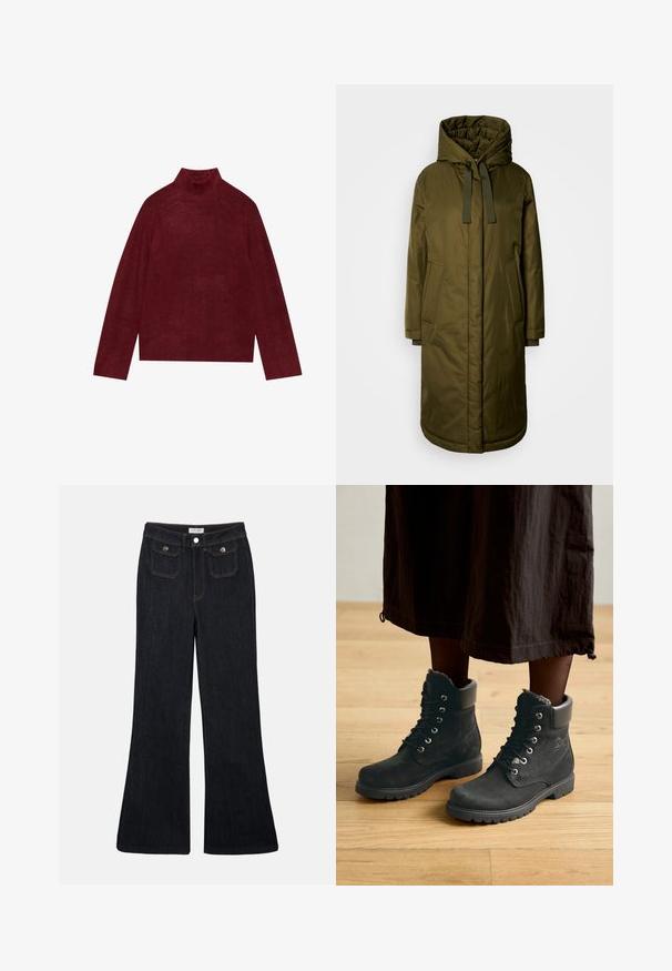 Olijf groene, gevoerde lange jas met een ruime capuchon, trekkoorden en twee zakken aan de zijkant. Gladde textuur, rechte snit en ronde zoom.; Bordeaux coltrui, gebreid, met ribbeldetails op de kraag en manchetten, met een boxy vorm en een zachte textuur.; Flared donkerdenim jeans met een hoge taille, twee voorzakken en oranje stiksels. Het materiaal lijkt stevig en glad.; Zwarte suède enkelboots met bontkraag, ronde neus, vetersluiting en robuuste rubberen zool, geplaatst op een houten vloer.