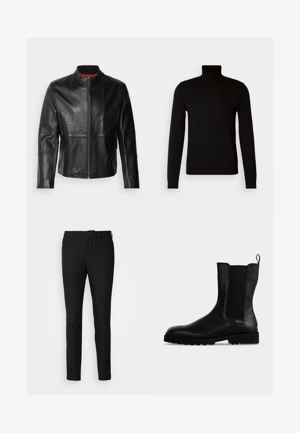 Chaqueta de cuero negra con cuello alto, cremallera frontal y dos bolsillos laterales con cremallera. Textura suave con detalles de costura.; Suéter negro de cuello alto confeccionado en un tejido de punto fino, con mangas largas y una silueta ajustada. Textura suave con puños acanalados.; Pantalones negros de corte ajustado, con cierre de botón, cremallera y dos bolsillos frontales. Tejido suave con un acabado mate.; Botín negro de cuero con panel lateral elástico, suela gruesa y lengüeta en la parte trasera, con un pequeño logo dorado "Hugo" cerca del talón.