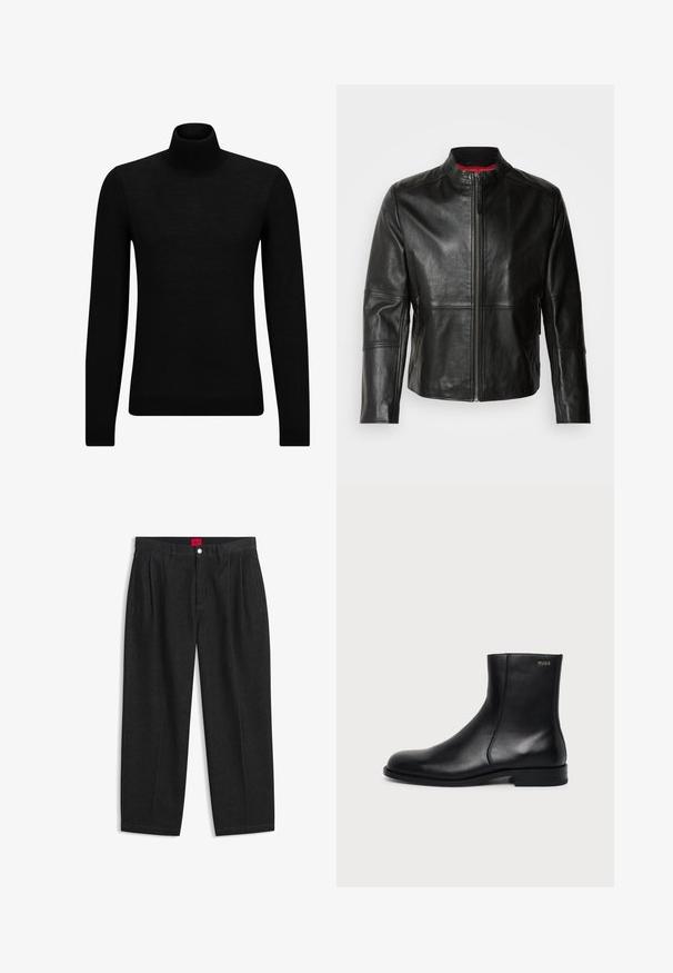 Sort læderjakke med stående krave, frontlynlås og to sidelommer med lynlås. Glat tekstur med syede detaljer.; Sort turtleneck sweater lavet af blødt materiale, med lange ærmer og en tætsiddende pasform. Ribbet trim ved kanten og manchetter. Simpelt design.; Sorte bukser med høj talje med forreste læg, bæltestropper, knap og lynlås lukning samt en rød label indeni linningen.; Sort læderankelstøvle med lav hæl, sidesyning og lille "HUGO" logo på den øverste manchet mod en ensfarvet baggrund.