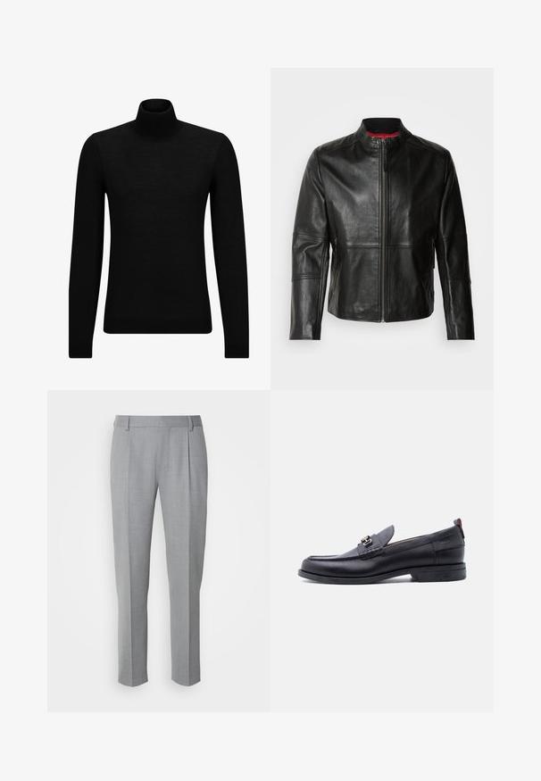 Sort læderjakke med stående krave, frontlynlås og to sidelommer med lynlås. Glat tekstur med syede detaljer.; Sort turtleneck sweater lavet af blødt materiale, med lange ærmer og en tætsiddende pasform. Ribbet trim ved kanten og manchetter. Simpelt design.; Grå skræddersyede bukser med en glat tekstur, som har en flad front, lige ben og diskrete folder for ekstra detalje.; Sort lædermokasin med grå tekstureret forfod, sølvfarvet metalspænde, lav hæl og trækflap bagpå.