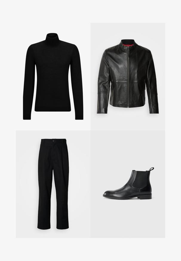 Veste en cuir noir avec col montant, fermeture éclair à l'avant et deux poches zippées sur les côtés. Texture lisse avec des détails cousus.; Pull à col roulé noir en matériau doux, avec des manches longues et une coupe ajustée. Finition côtelée au bas et aux poignets. Design simple.; Pantalons noirs à jambes droites avec une taille à bouton, passants de ceinture et pli avant, présentés sur un fond blanc uni.; Bottine en cuir noir avec des panneaux latéraux élastiques, bout rond et tirette. Texture lisse, semelle plate, design minimaliste.