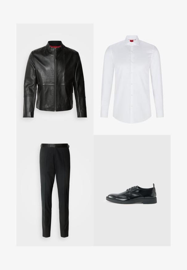 Chaqueta de cuero negra con cuello alto, cremallera frontal y dos bolsillos laterales con cremallera. Textura suave con detalles de costura.; Camisa blanca de manga larga con botones, hecha de algodón suave. Presenta un cuello clásico, una botonera completa y un dobladillo redondeado.; Pantalones negros ajustados con una textura suave, que cuentan con un frente plano, sutiles pliegues y un delgado cinturón negro.; Zapato de vestir negro de cuero brillante con tacón bajo, cierre de cordones y puntera redonda, mostrado de lado sobre un fondo claro y liso.