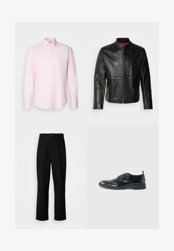 Chaqueta de cuero negra con cuello alto, cremallera frontal y dos bolsillos laterales con cremallera. Textura suave con detalles de costura.; Camisa de manga larga de color rosa claro, confeccionada en tejido texturizado, con cuello estándar y cierre de botones en la parte delantera.; Pantalones rectos negros con cintura con botones, trabillas para cinturón y pliegue frontal, exhibidos sobre un fondo blanco liso.; Zapato de vestir negro de cuero brillante con tacón bajo, cierre de cordones y puntera redonda, mostrado de lado sobre un fondo claro y liso.