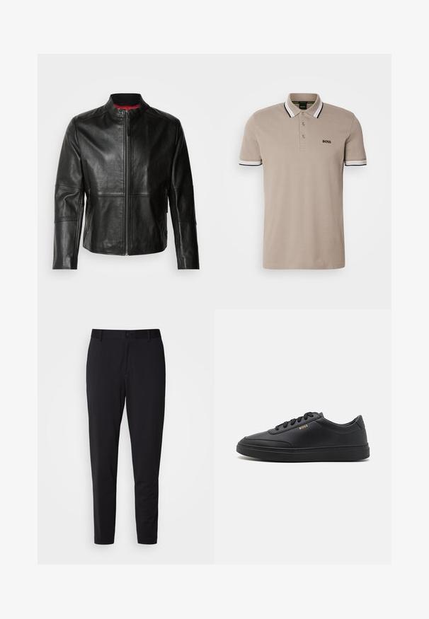 Sort læderjakke med stående krave, frontlynlås og to sidelommer med lynlås. Glat tekstur med syede detaljer.; Beige polo-shirt med klassisk krave, korte ærmer og kantbånd med sort og hvid accent. Broderet 'BOSS' logo på brystet.; Sorte bukser med struktureret stof, der har en lige pasform, standard talje med en knap og sidelommer.; Sorte lædersneakers med en glat overflade, rund tå, flad gummisål og tonede snørebånd. Udstyret med guld "BOSS" branding på siden.