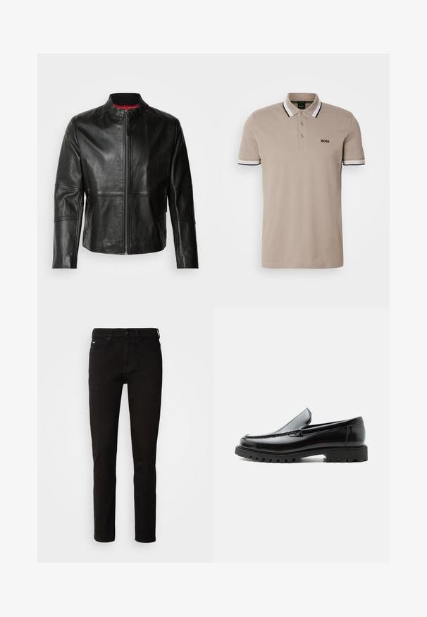 Zwarte leren jas met een staande kraag, voorkant met rits en twee zijzakken met ritssluiting. Gladde textuur met gestikte details.; Beige polo shirt met een klassieke kraag, korte mouwen en een afwerking met zwart-witte accenten. Geborduurd 'BOSS' logo op de borst.; Zwarte denim jeans met een rechte pijp, een ritssluiting en een vijf-pocket ontwerp. De stof heeft een gladde textuur zonder zichtbare patronen.; Zwarte leren loafer met dikke rubberen zool, gestikte bovenkant en gegraveerde merknaam op de hiel, zijaanzicht op witte achtergrond.