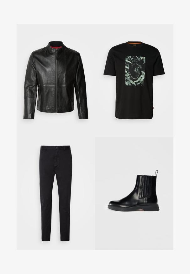 Sort læderjakke med stående krave, frontlynlås og to sidelommer med lynlås. Glat tekstur med syede detaljer.; Sort bomulds t-shirt med et centralt grafik af en panter omgivet af blade, med en kædekrave og "BOSS" tekst. Korte ærmer.; Sort chinos med en glat overflade, knaplukning og tætsiddende design. Ideel til afslappet eller semi-formelt tøj.; Sorte læder ankelstøvler med elastiske sidepaneler, rund tå, lav blokhæl og pull-tab. Har en glat overflade og et elegant design.