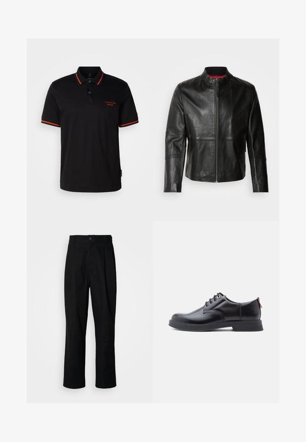 Chaqueta de cuero negra con cuello alto, cremallera frontal y dos bolsillos laterales con cremallera. Textura suave con detalles de costura.; Camisa polo negra con acentos rojos en el cuello y las mangas. Presenta un escote con botones y un logo bordado de Porsche BOSS en rojo.; Pantalones rectos negros con cintura con botones, trabillas para cinturón y pliegue frontal, exhibidos sobre un fondo blanco liso.; Zapatos de piel negra con cordones, textura lisa, puntera redondeada y detalles sutiles de costura. Cuentan con una lengüeta roja en el talón.