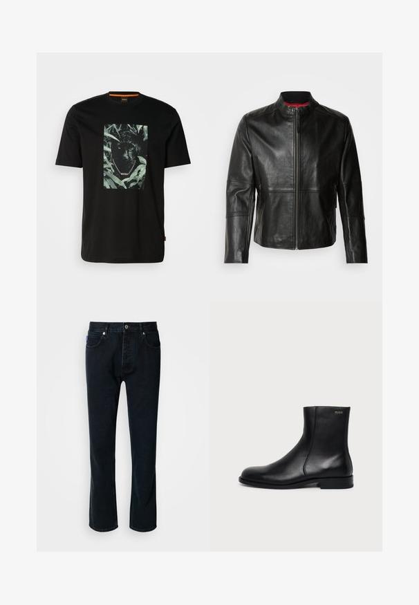 Sort læderjakke med stående krave, frontlynlås og to sidelommer med lynlås. Glat tekstur med syede detaljer.; Sort bomulds t-shirt med et centralt grafik af en panter omgivet af blade, med en kædekrave og "BOSS" tekst. Korte ærmer.; HUGO JONAH - Jeans Straight Leg - dark blue; Sort læderankelstøvle med lav hæl, sidesyning og lille "HUGO" logo på den øverste manchet mod en ensfarvet baggrund.