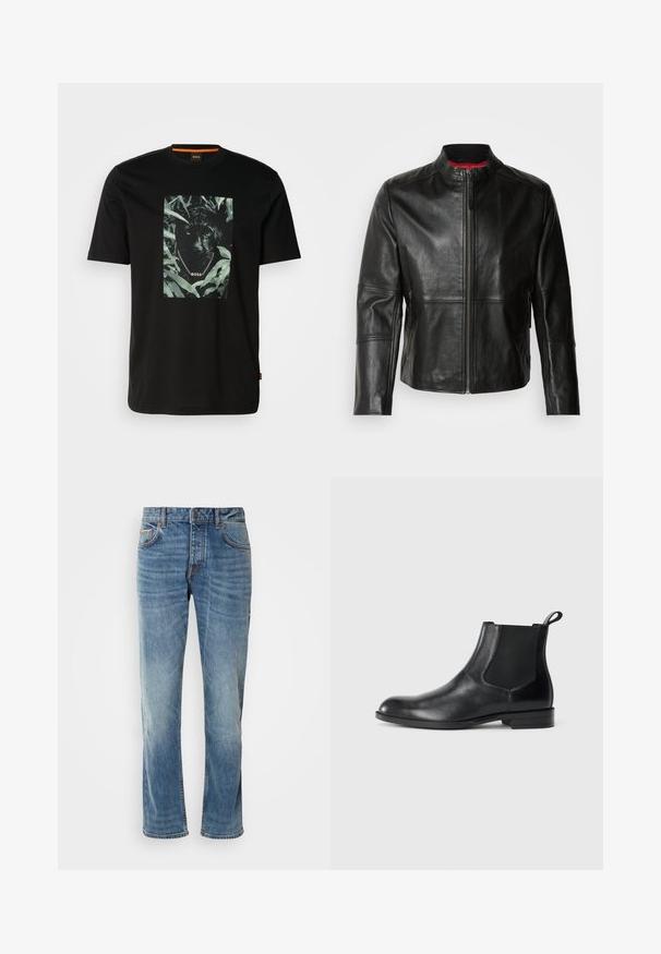 Sort læderjakke med stående krave, frontlynlås og to sidelommer med lynlås. Glat tekstur med syede detaljer.; Sort bomulds t-shirt med et centralt grafik af en panter omgivet af blade, med en kædekrave og "BOSS" tekst. Korte ærmer.; Lyseblå denimbukser med lige ben, fem lommer, kontrasterende syninger og en falmet finish. Har en knap- og lynlåsåbning.; Sorte læder ankelstøvler med elastiske sidepaneler, rund tå og en trækloft. Glat tekstur, flad sål, minimalistisk design.