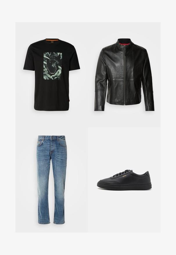 Chaqueta de cuero negra con cuello alto, cremallera frontal y dos bolsillos laterales con cremallera. Textura suave con detalles de costura.; Camiseta de algodón negra con un gráfico central de un pantera rodeada de hojas, con un cuello de cadena y el texto "BOSS". Mangas cortas.; Jeans de denim azul claro con piernas rectas, cinco bolsillos, costuras en contraste y un acabado desgastado. Cuenta con un cierre de botón y cremallera.; Zapatillas de cuero negro con una textura suave, punta redondeada, suela plana de goma y cordones a tono. Presentan el logotipo dorado "BOSS" en el lateral.