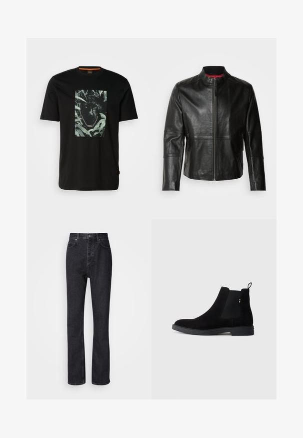 Zwarte leren jas met een staande kraag, voorkant met rits en twee zijzakken met ritssluiting. Gladde textuur met gestikte details.; Zwarte katoenen t-shirt met een centraal grafisch ontwerp van een panter omringd door bladeren, met een kettingkraag en de tekst "BOSS". Korte mouwen.; Hoge taille zwarte denim jeans met een knoop- en ritssluiting, voor- en achterzakken en een rechte pasvorm.; Zwarte suède Chelsea laarzen met elastische zijpanelen, ronde neus en een lage rubberen zool. Beschikt over een trekband aan de achterkant voor eenvoudig aan- en uittrekken.