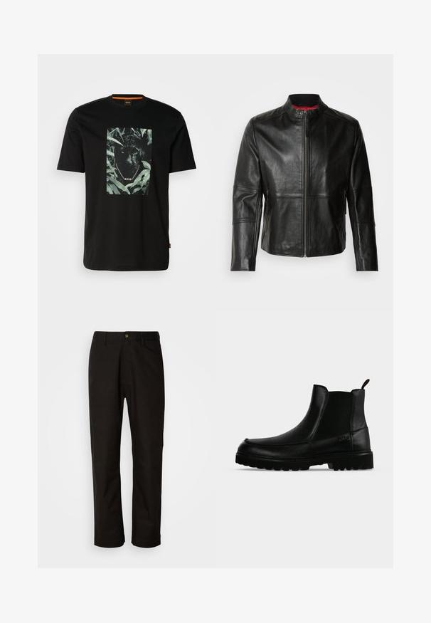 Chaqueta de cuero negra con cuello alto, cremallera frontal y dos bolsillos laterales con cremallera. Textura suave con detalles de costura.; Camiseta de algodón negra con un gráfico central de un pantera rodeada de hojas, con un cuello de cadena y el texto "BOSS". Mangas cortas.; Pantalones de algodón negros con corte recto, presillas para el cinturón, cremallera frontal y un solo botón de cierre. Textura suave sin patrones visibles.; Bota negra de cuero hasta el tobillo con suela texturizada, paneles laterales elásticos y pestaña de tirador sobre fondo gris claro.