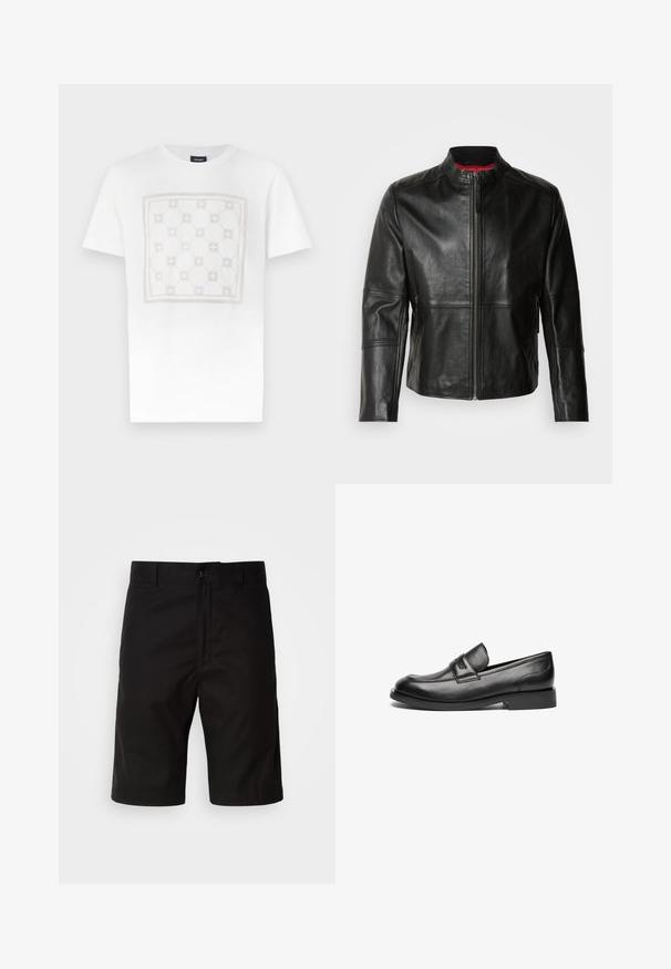 Zwarte leren jas met een staande kraag, voorkant met rits en twee zijzakken met ritssluiting. Gladde textuur met gestikte details.; Witte katoenen T-shirt met een groot, subtiel vierkant patroon in licht beige, voorzien van afgeronde vormen en accenten, afgewerkt met een ronde hals.; Zwarte shorts van stevige stof, met een rechte snit, knoopsluiting en een gladde textuur zonder zichtbare patronen.; Zwarte leren loafers hebben een afgeronde neus, een gestikte naad over de bovenkant en een lage, platte rubbere zool. Gladde textuur zonder zichtbare patronen.