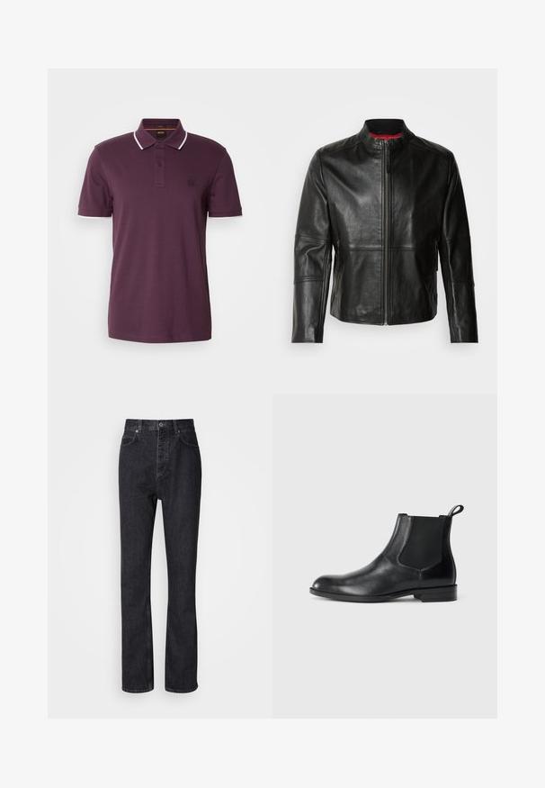 Veste en cuir noir avec col montant, fermeture éclair à l'avant et deux poches zippées sur les côtés. Texture lisse avec des détails cousus.; Polo shirt violet foncé avec une patte de boutonnage à deux boutons, des accents blancs sur le col et les manches, et un petit patch logo sur la poitrine.; Jean en denim noir taille haute avec fermeture à bouton et à glissière, poches avant et arrière, et coupe droite.; Bottine en cuir noir avec des panneaux latéraux élastiques, bout rond et tirette. Texture lisse, semelle plate, design minimaliste.