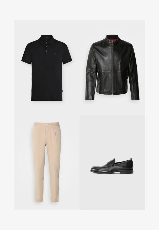 Sort læderjakke med stående krave, frontlynlås og to sidelommer med lynlås. Glat tekstur med syede detaljer.; Sort slim-fit polo skjorte med tre knapper, korte ærmer og diskret "BOSS" logo på brystet og indersiden af kraven.; Beige bukser med en slim fit, lavet af vævet materiale. Har en enkelt knaplukning, plisseret front og lige ben.; Sorte læderloafers med rund tå, stikninger og en lille rød detalje ved hælen. Lav profil gummisål.