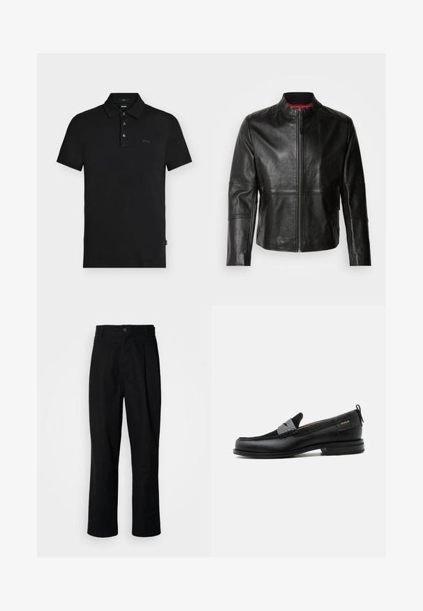 Sort læderjakke med stående krave, frontlynlås og to sidelommer med lynlås. Glat tekstur med syede detaljer.; Sort slim-fit polo skjorte med tre knapper, korte ærmer og diskret "BOSS" logo på brystet og indersiden af kraven.; Sorte lige ben bukser med en knaplukket talje, bæltestropper og en frontfold, præsenteret mod en ensfarvet hvid baggrund.; Sort læderloafer med grå remdetalje, lav hæl og tekstureret sål, mærket med "HUGO" i guld på siden.