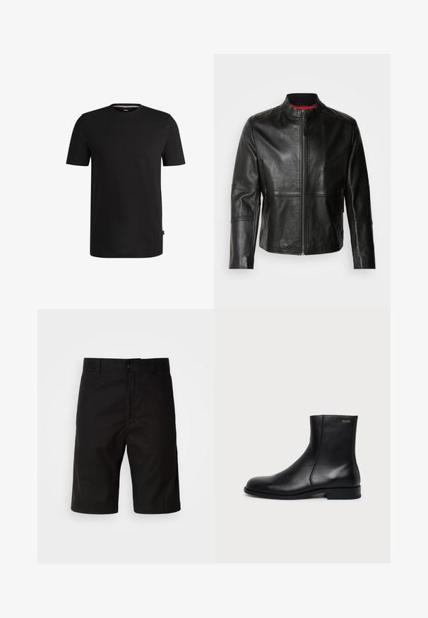 Zwarte leren jas met een staande kraag, voorkant met rits en twee zijzakken met ritssluiting. Gladde textuur met gestikte details.; Zwarte short-sleeve t-shirt gemaakt van soepel katoen met een ronde halslijn. Heeft een subtiele merklabel aan de linkerkant nabij de zoom.; Zwarte shorts van stevige stof, met een rechte snit, knoopsluiting en een gladde textuur zonder zichtbare patronen.; Zwarte leren enkellaars met lage hak, zijstiksels en klein "HUGO" logo op de bovenste boord tegen een effen achtergrond.