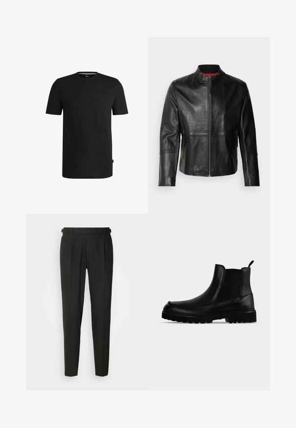 Chaqueta de cuero negra con cuello alto, cremallera frontal y dos bolsillos laterales con cremallera. Textura suave con detalles de costura.; Camiseta corta negra de algodón suave con cuello redondo. Presenta una sutil etiqueta de la marca en el lado izquierdo cerca del dobladillo.; Pantalones negros ajustados con frontales lisos, dos pliegues, trabillas para cinturón y diseño de pierna recta. Fabricados con una tela suave y ligera.; Bota negra de cuero hasta el tobillo con suela texturizada, paneles laterales elásticos y pestaña de tirador sobre fondo gris claro.