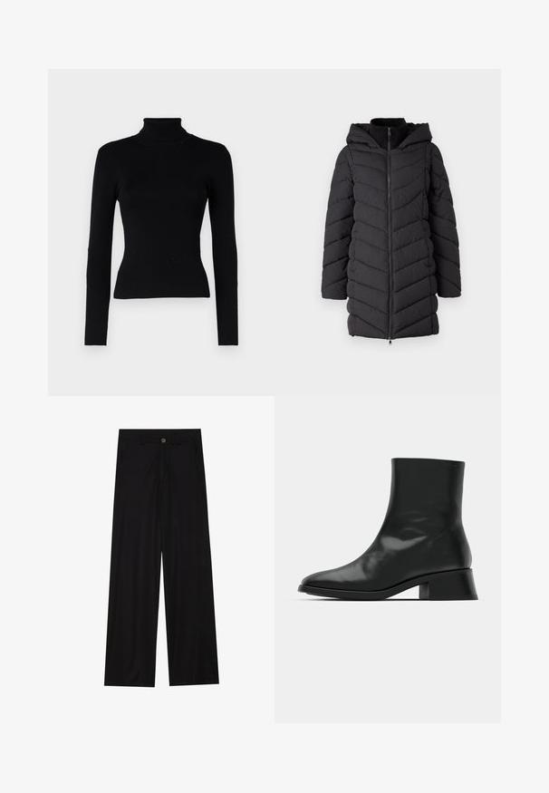 Veste rembourrée noire avec capuche, dotée d'un zip frontal, d'un motif de couture en chevrons et de manches longues. Fabriquée en tissu léger et texturé.; JDY CIRKELINE ROLL NECK - Pullover - black; Pantalons noirs à jambes larges en tissu lisse, avec poches avant et fermeture à bouton à la taille. Design minimaliste sans motifs.; Bottine noire en cuir brillant, au design épuré, avec un bout pointu et un petit talon bloc pour plus de stabilité.