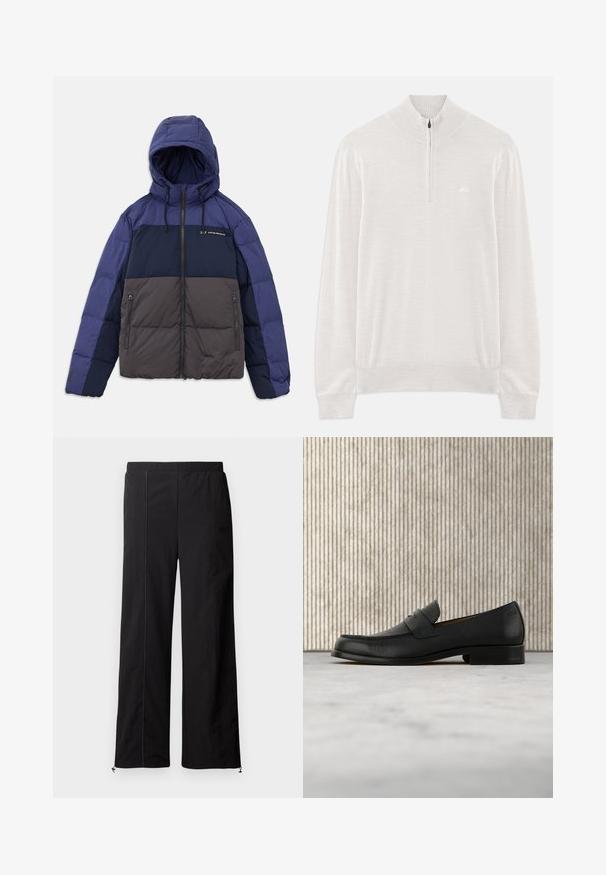 Gepolsterte Jacke mit Kapuze, die ein Farbschema in Dunkelblau, Hellblau und Grau aufweist. Mit Reißverschlusstaschen und verstellbaren Kordelzügen.; Hellbeige langärmliger Strickpullover mit geripptem Kragen, Bündchen und Saum, ausgestattet mit einem halben Reißverschluss am Hals.; Schwarze weit geschnittene Hosen mit glatter Textur, elastischem Bund und Kordelzugverschluss an den Knöcheln. Verfügt über kontrastierende Steppnähte.; Schwarzer Leder-Slipper schwebt über einem beigen Teppich, im Hintergrund ein glänzender, runder brauner Tisch.