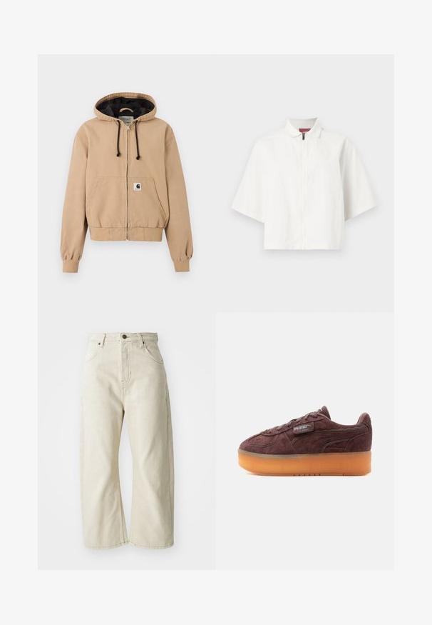 Beige hættetrøje med lynlås, sorte snore, frontlommer, ribstrikkede manchetter og Carhartt logo på frontlommen.; Hvid jakke med korte ærmer, forrest lynlås og lille krave, lagt fladt ud på en ensfarvet baggrund.; Beige wide-leg jeans lavet af bomuldsdenim, med høj talje, fem lommer og en subtil falmet tekstur. Messingknap lukning.; Brun ruskinds-Puma Palermo-sneaker med tyk, gennemsigtig orange sål og syet logomærkat på siden.