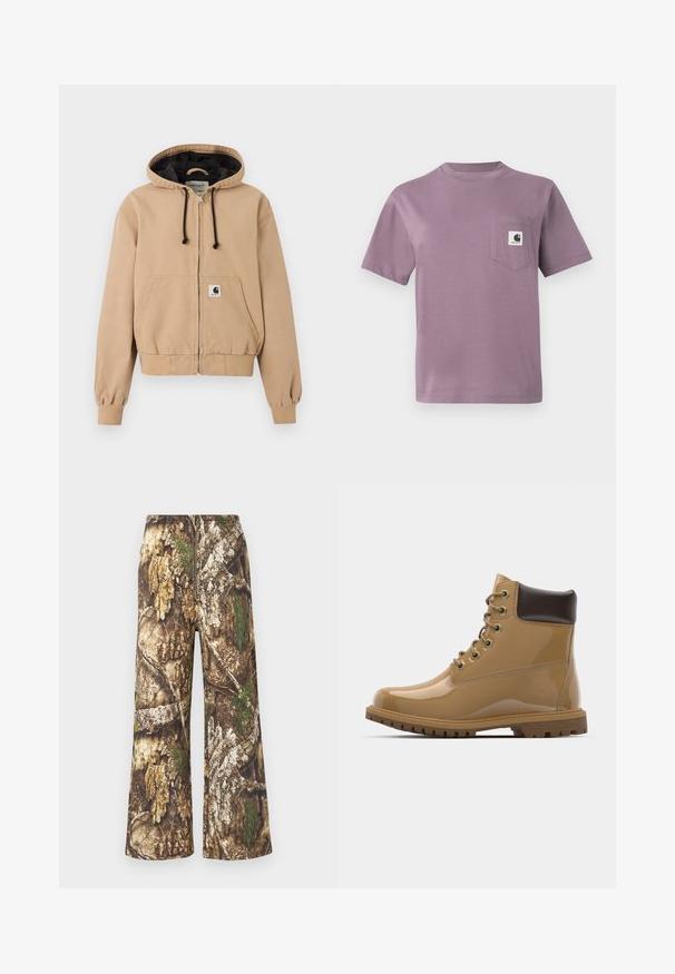 Veste à capuche beige zippée avec cordons noirs, poches kangourou à l’avant, poignets côtelés et écusson avec le logo Carhartt sur la poche avant.; T-shirt en coton lilas avec col rond, manches courtes et une poche poitrine gauche avec un label logo. Tissu lisse, coupe décontractée.; Pantalon camouflage à jambes larges. Présente un mélange de bruns terreux, de verts et de motifs texturés rappelant l'écorce d'arbre et le feuillage.; Bottines en cuir verni tan avec des accents marron, bout rond, six œillets en métal, lacets marron et semelle en caoutchouc texturée.