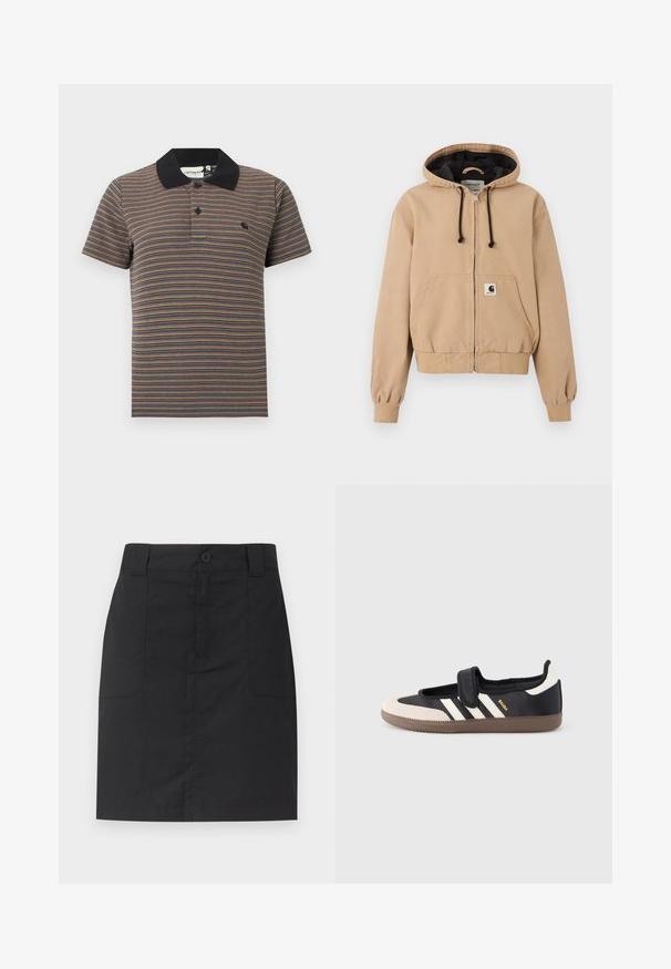 Veste à capuche beige zippée avec cordons noirs, poches kangourou à l’avant, poignets côtelés et écusson avec le logo Carhartt sur la poche avant.; Polo à manches courtes avec de fines rayures horizontales multicolores et un col noir uni avec une patte de boutonnage à deux boutons.; Jupe noire mi-longue avec passants de ceinture, fermeture à boutons et zip à l'avant, et deux poches plaquées sur le devant, sur un fond uni.; Baskets noires et beiges avec une bride en velcro, trois bandes blanches sur le côté, et une semelle en caoutchouc marron texturée. Logo de la marque visible.