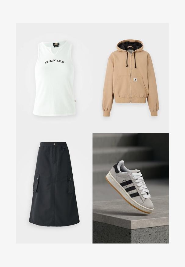 Veste à capuche beige zippée avec cordons noirs, poches kangourou à l’avant, poignets côtelés et écusson avec le logo Carhartt sur la poche avant.; Débardeur blanc à côtes avec un design en V, affichant le mot "DICKIES" en lettres noires en gras sur la poitrine. Sans manches.; Jupe noire mi-mollet en tissu léger, dotée d'une taille élastique, de deux poches cargo et d'un léger brillant.; Baskets Adidas Campus grises avec des rayures noires et des lacets blancs flottant au-dessus d'un rebord en béton avec des escaliers en arrière-plan.