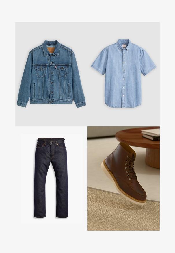 Jeansjacke in Hellblau mit durchgehender Knopfleiste, zwei Brusttaschen und seitlichen Taschen. Verfügt über einen klassischen Kragen und eine verwischte Textur.; Hellblaues Denim-Kurzarmhemd mit Button-Down-Kragen, vorderen Knöpfen und kleinem Logo auf der linken Brust. Glatte Textur.; Dunkelblaue gerade geschnittene Jeans aus Denim mit fünf Taschen und orangefarbenen Kontrastnähten, flach auf einem weißen Hintergrund ausgelegt.; Braune Leder-Ankle-Boots mit beiger Sohle auf einem strukturierten beigen Teppich neben einem runden Holztisch mit gestapelten Büchern.