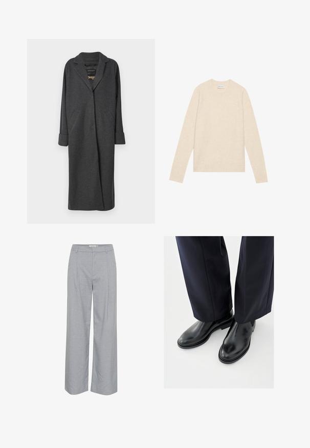 Lang grå frakke lavet af uldblanding, med en notch-krave, to forlommer og op-rullede ærmer. Glat tekstur og skræddersyet design.; Lys beige uldtrøje med rund hals, lange ærmer og ribstrikkede manchetter og kant. Blød tekstur, minimalistisk design, ingen synlige mønstre eller accenter.; Lys grå, vide bukser med en glat tekstur, der har frontfolder og en flad talje. Minimalistisk design, ingen synlig hardware.; Sorte Chelsea-støvler i læder med en glat finish, flade såler og elastiske sidepaneler, kombineret med mørke, skræddersyede bukser.