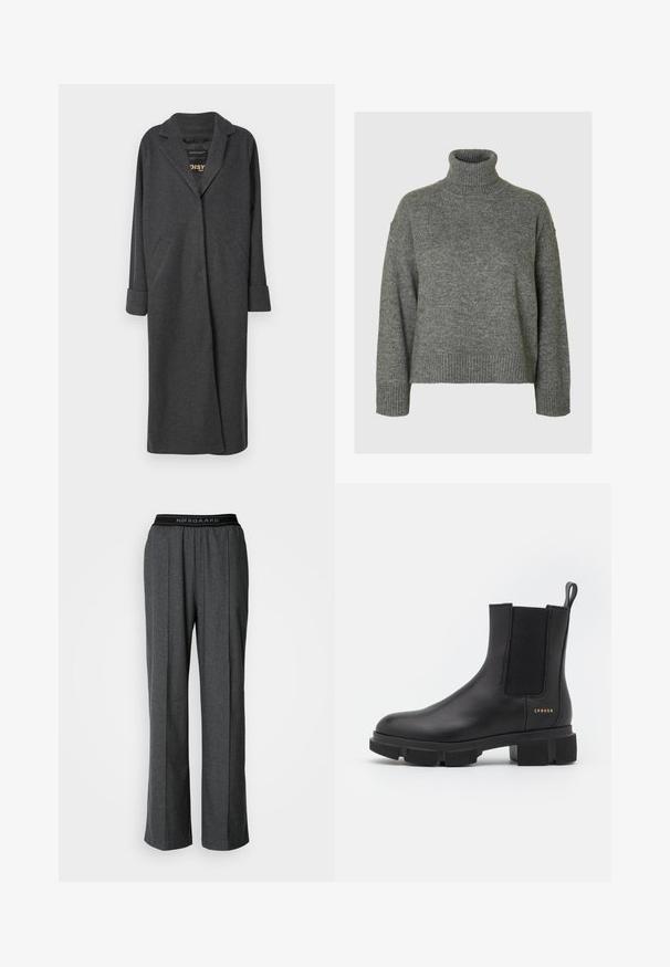 Lang grå frakke lavet af uldblanding, med en notch-krave, to forlommer og op-rullede ærmer. Glat tekstur og skræddersyet design.; Grå turtleneck sweater lavet af et blødt, tekstureret materiale med en afslappet pasform. Har ribbede detaljer ved krave, ærmer og kant. Enkel design.; Grå, bred benbukser med læg, lavet af et tekstureret stof. Har en sort elastik i taljen med "NØRGAARD" logo.; Sorte læder ankelstøvle med elastiske sidepaneler og en kraftig mønstret sål. Har en pull tab og guld branddetalje. Mat finish.