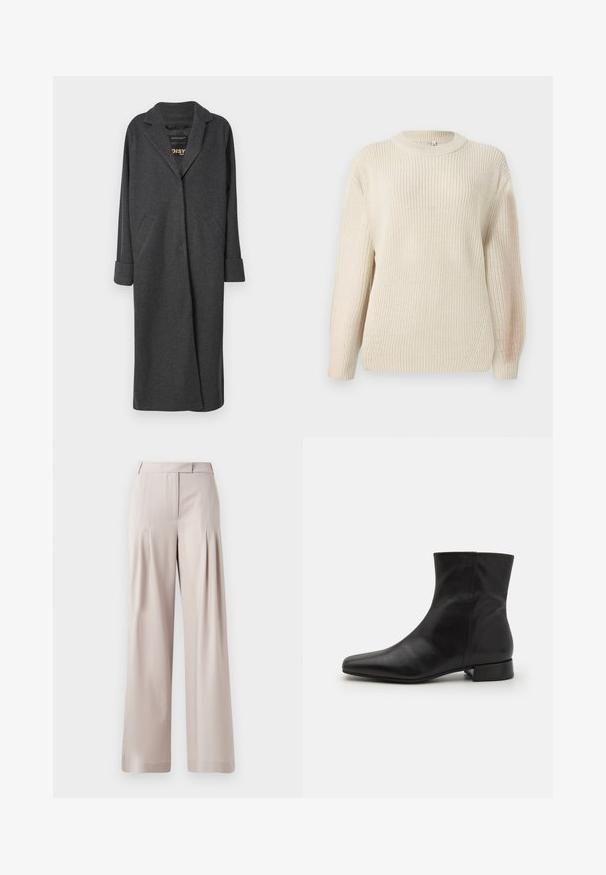 Lang grå frakke lavet af uldblanding, med en notch-krave, to forlommer og op-rullede ærmer. Glat tekstur og skræddersyet design.; Chunky-strikket cremefarvet sweater med rund halsudskæring, forlængede ærmer og en tekstureret finish. Har diskret ribstrik og en afslappet pasform.; Beige vidde bukser med en glat tekstur, plisseret frontdesign og en skræddersyet talje. Velegnet til formelt eller afslappet brug.; Sort læder ankelstøvle med spids tå, glat tekstur, minimalistisk design og en lav blokhæl. Sidelukning går op til anklen.