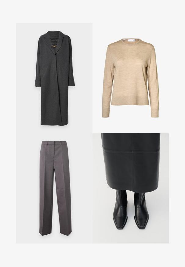 Lang grå frakke lavet af uldblanding, med en notch-krave, to forlommer og op-rullede ærmer. Glat tekstur og skræddersyet design.; Beige langærmet uldsweater med rund hals og ribstrikkede manchetter og kant, vist mod en hvid baggrund.; Grå skræddersyede bukser lavet af struktureret stof, med lige ben, flad front og bæltestropper.; Sorte læder støvler med høj ankel, firkantet tådesign og sideskilt. Glat tekstur og minimal hardware; sammen med en sort lædernederdel.