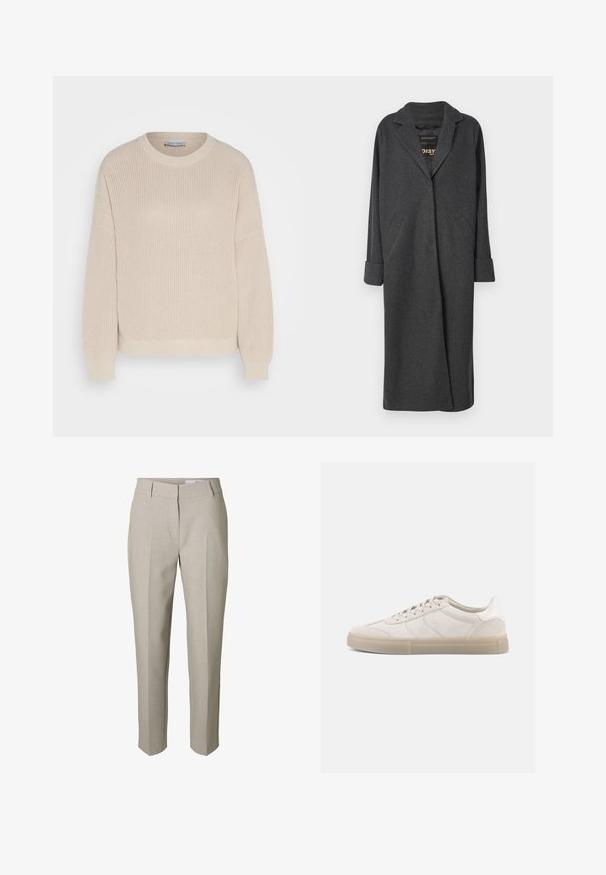 Lang grå frakke lavet af uldblanding, med en notch-krave, to forlommer og op-rullede ærmer. Glat tekstur og skræddersyet design.; Anna Field Striktrøje - grey; Beige skræddersyede bukser med bæltestropper, lynlås foran og pressede læg ned langs benene, vist mod en hvid baggrund.; Beige ruskindssneakers med lav profil, der har en struktureret overdel, tonale sømme og en lys gummisål. Snørebånd fuldender designet.