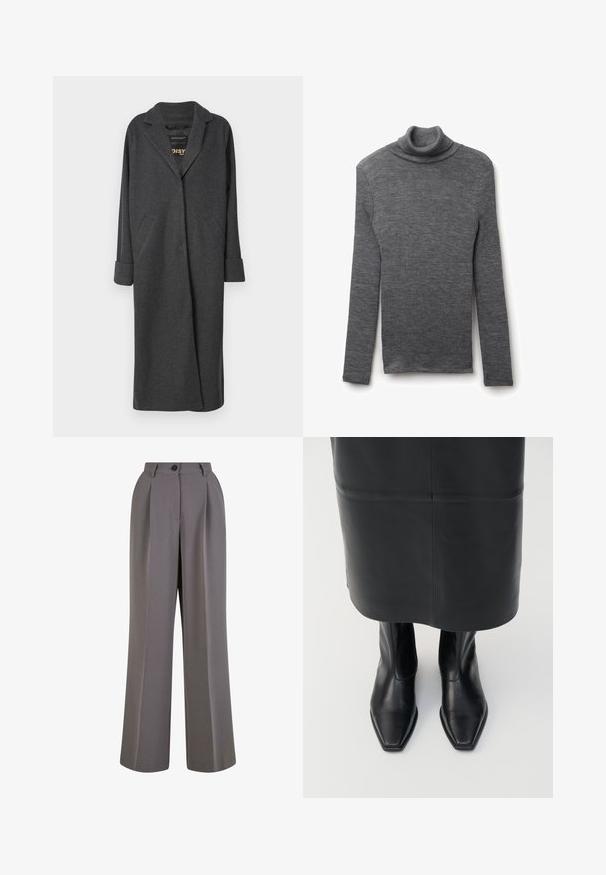 Lang grå frakke lavet af uldblanding, med en notch-krave, to forlommer og op-rullede ærmer. Glat tekstur og skræddersyet design.; Grå ribbet turtleneck sweater med lange ærmer, lavet af struktureret stof. Slim fit-design med en høj, tætsiddende krave.; Bredbukser i gråt stof med for-pletninger, en enkelt knaplukning og sidelommer. Glat tekstur og skræddersyet design.; Sorte læder støvler med høj ankel, firkantet tådesign og sideskilt. Glat tekstur og minimal hardware; sammen med en sort lædernederdel.