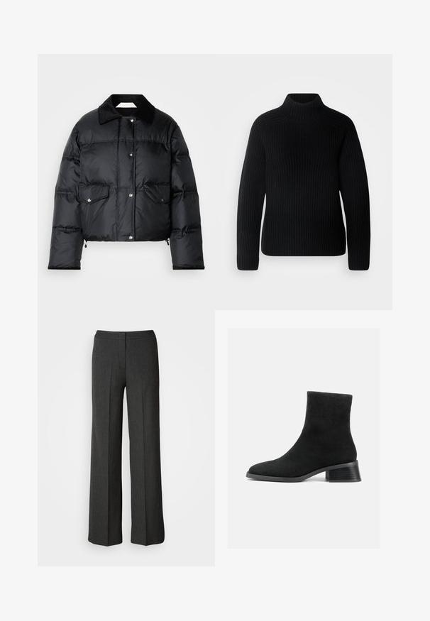 Sort pufferjakke med krave, lynlås foran, to klaplommer og en quiltet design. Fremstillet af et blankt, letvægtsmateriale.; Sort turtleneck sweater lavet af ribbet stof. Har lange ærmer og et tætsiddende design med en højere halsudskæring. Blød tekstur.; Bredde ben bukser i mørkegrå, lavet af struktureret stof. Har en tætsiddende talje og et subtilt nålestribemønster.; Sort ruskind ankelstøvle med rund tå, kort skaft og lav stablet hæl. Glat tekstur uden synlige mønstre eller pynt.