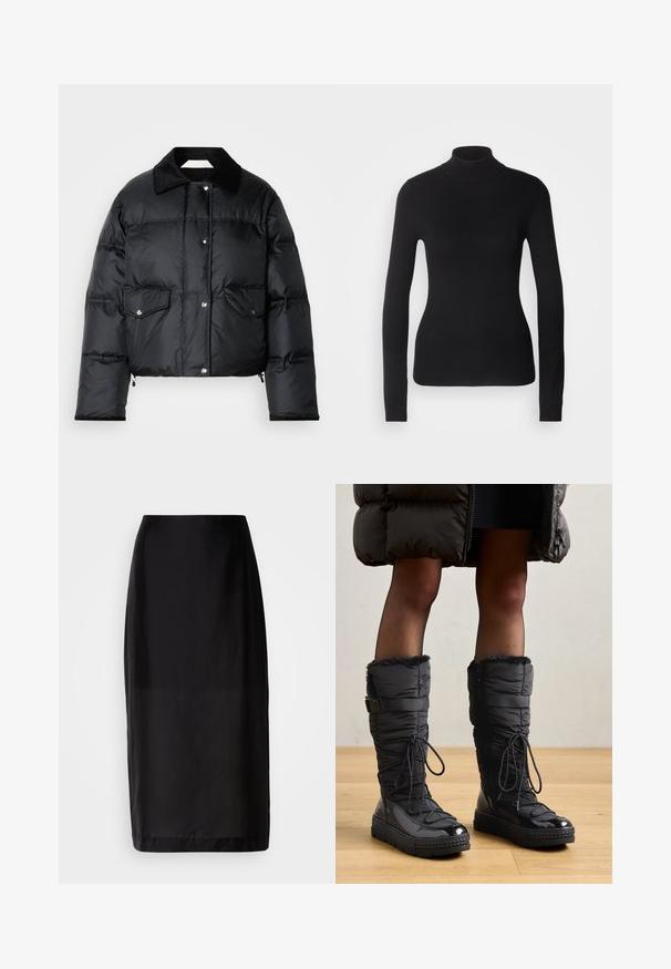 Sort pufferjakke med krave, lynlås foran, to klaplommer og en quiltet design. Fremstillet af et blankt, letvægtsmateriale.; Sort turtleneck sweater lavet af let strikket stof. Har lange ærmer, et tætsiddende design og en blød ribbet tekstur.; Sort midi nederdel med lige design, lavet af glat stof. Har en talje og en søm ved knæ længde.; Knæhøje sorte pufferstøvler med fake fur kant, skinnende vandtæt overdel, tekstureret sål og justerbar snøre detaljer.