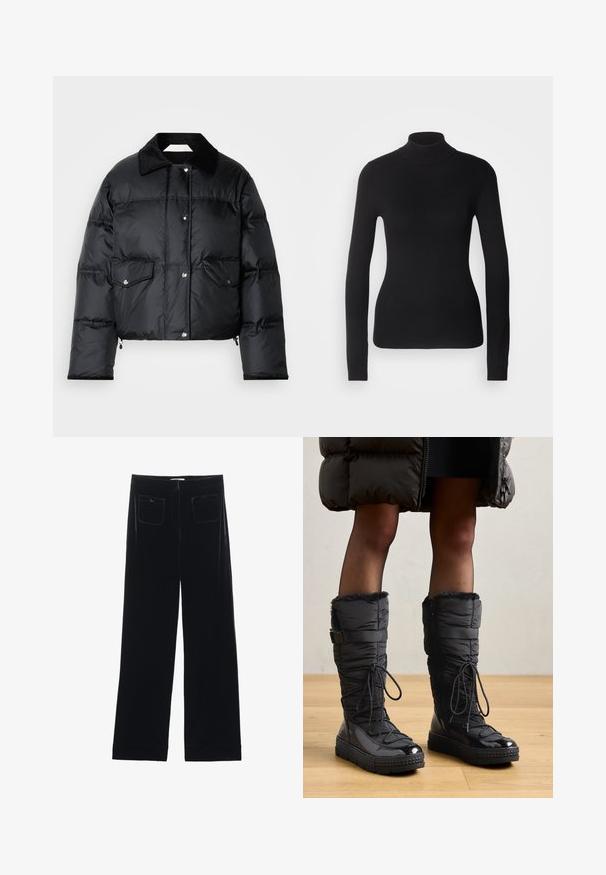 Sort pufferjakke med krave, lynlås foran, to klaplommer og en quiltet design. Fremstillet af et blankt, letvægtsmateriale.; Sort turtleneck sweater lavet af let strikket stof. Har lange ærmer, et tætsiddende design og en blød ribbet tekstur.; Sorte velour bredbukser med to baglommer og en glat tekstur, der har en lige skæring og syede afslutninger ved anklerne.; Knæhøje sorte pufferstøvler med fake fur kant, skinnende vandtæt overdel, tekstureret sål og justerbar snøre detaljer.