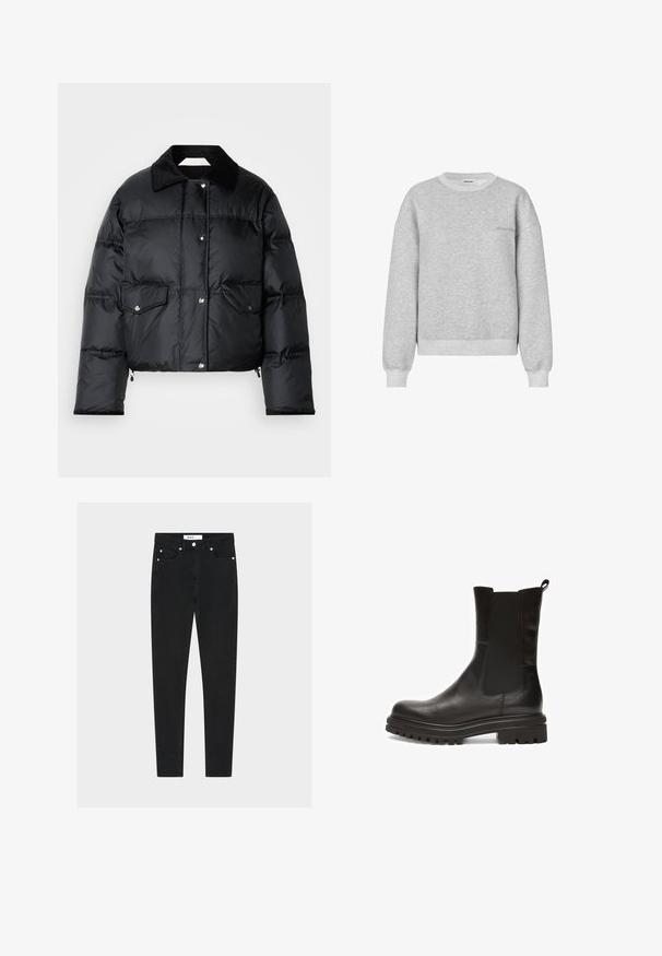 Sort pufferjakke med krave, lynlås foran, to klaplommer og en quiltet design. Fremstillet af et blankt, letvægtsmateriale.; Grå crewneck sweatshirt lavet af blødt stof, med ribbede manchetter og kant, samt en diskret logo-detalje på forsiden.; Sorte denimjeans med slim fit, mellemhøjt talje, fem lommer og hardware i sølvfarve. Har en glat tekstur og minimal detaljering.; Sorte læderankelstøvler med elastiske sidepaneler, afrundet tå og en tyk, tekstureret gummisål med dybe riller for ekstra greb.