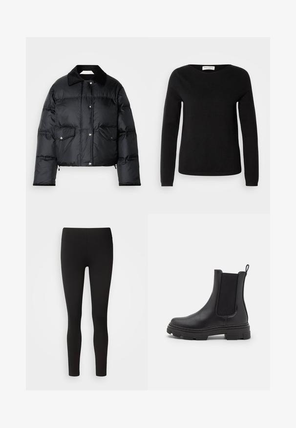 Sort pufferjakke med krave, lynlås foran, to klaplommer og en quiltet design. Fremstillet af et blankt, letvægtsmateriale.; Marc O'Polo LONGSLEEVE ROUND NECK - Striktrøje - black; Sorte leggings lavet af strækbart stof med en sømløs talje, tætsiddende design og glat tekstur, velegnet til forskellige aktiviteter.; Sort læder ankelstøvle med elastiske sidepaneler, rund tå og tekstureret gummisål. Har en sløjfe bagpå for nem påtagning.