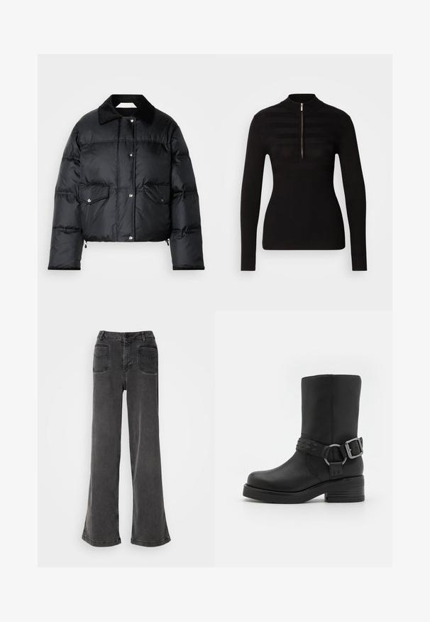Doudoune noire avec col, fermeture éclair à l'avant, deux poches à rabat et un design matelassé. Fabriquée en matériau léger et brillant.; Pull polo noir à manches longues avec demi-fermeture éclair, présentant des motifs de rayures horizontales et une texture côtelée aux poignets et à l'ourlet.; Jean noir taille haute à jambes larges en denim, avec une fermeture à bouton, des passants de ceinture et deux poches arrière avec des accents cousus.; Botte cheville en cuir noir avec un bout rond, un talon épais et une sangle décorative à boucle autour de la cheville. Fini texturé.