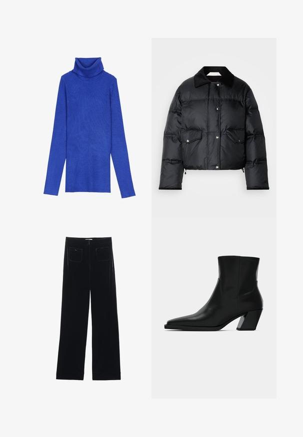 Sort pufferjakke med krave, lynlås foran, to klaplommer og en quiltet design. Fremstillet af et blankt, letvægtsmateriale.; Kongeligt blåt ribstrikket turtleneck-sweater lavet af tekstureret stof med lange ærmer og en fold-over krave, der har en smal pasform.; Sorte velour bredbukser med to baglommer og en glat tekstur, der har en lige skæring og syede afslutninger ved anklerne.; Sortlæder ankelstøvle med spids tå, en slank silhuet og en kraftig firkantet hæl. Glat tekstur med minimale stikninger.
