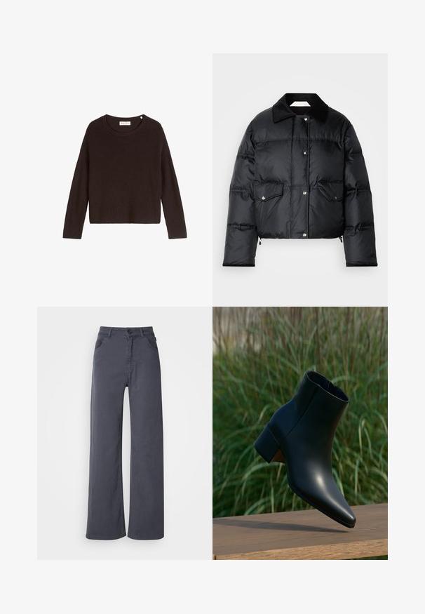 Doudoune noire avec col, fermeture éclair à l'avant, deux poches à rabat et un design matelassé. Fabriquée en matériau léger et brillant.; Pull en tricot noir à côtes avec un col arrondi et des manches longues. Présente une coupe ample et une surface texturée. Marque : Mare O'Polo.; Pantalons droits gris foncé avec poches avant, passants de ceinture et une fermeture à bouton et fermeture éclair sur un fond blanc.; Bottine noire en cuir avec talon bloc, bout pointu, présentée au-dessus d'une surface en bois avec un fond flou d'herbe verte.